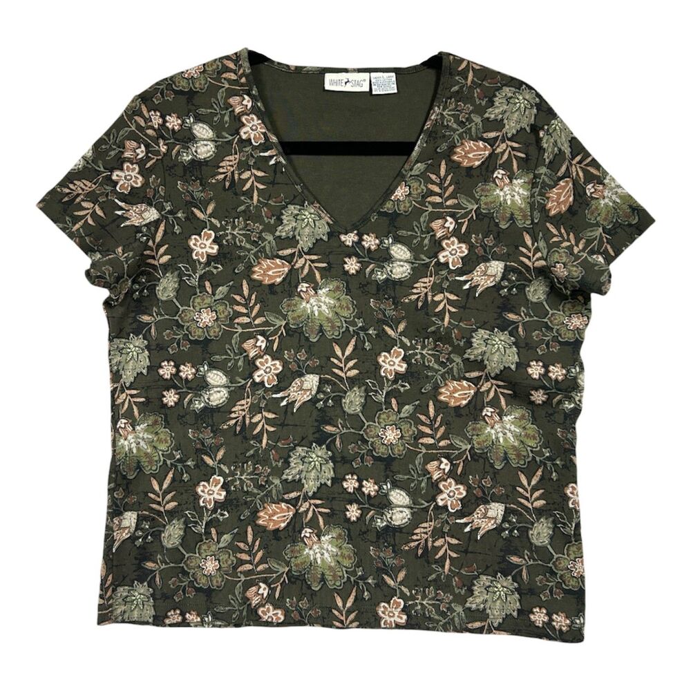 White Stag Floral Granola Girl Outdoor V Neck Short Sleeve Shirt Sz L Green